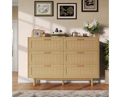 Commode Voor Slaapkamer, 6-Laden Rotan Commode, Massief Houten Commode, Geschikt Voor Het Gemakkelijk Organiseren Cosmetica, Sieraden Andere Spullen, Zodat Kantoor Netjes Blijft (Eikenkleur)
