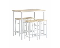 Compact 5-delige Eettafelset met Bartafel en 4 Barkrukken – Ruimtebesparende Keukentafel voor Kleine Eetkamer, Balkon of Tuin – Modern Industrieel Design – Wit & Naturel – NoviHome