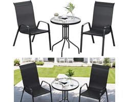 Compact Balkonset – 3-Delige Tuinset – Balkontafel Met Glasplaat – Stapelbare Stoelen – Metalen Frame – Ademend Stof
