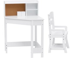 Compact Hoekbureau voor Kinderen met Verstelbare Stoel - Inclusief Opzetkast, Kurkbord en Pennenhouders - Ruimtebesparend Kinderbureau - Wit