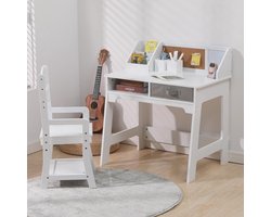 Compact Kinderbureau met Verstelbare Stoel - Inclusief Opzetkast, Kurkbord en 2 Open Laden - Wit - 74x53 cm