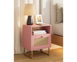 Compact nachtkastje met lade in roze rotan en eiken look - Boheems design voor naast het bed