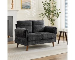 Compacte 2-zits chenille loveseat, mid-century kleine bank met zacht pluche stof, dik gevulde kussens en imitatiehouten poten, ruimtebesparende bank voor woonkamer, slaapkamer en appartement, Zwart, DE5062BK