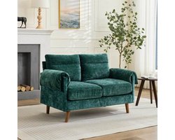 Compacte 2-zits chenille zitbank, midden-eeuws kleine bank met zacht pluche stof, dik gevulde kussens en imitatiehouten poten, ruimtebesparende loveseat voor woonkamer, slaapkamer en appartement, Smaragdgroen
