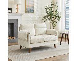 Compacte 2-zits chenille zitbank, midden-eeuws kleine bank met zacht pluche stof, dik gevulde kussens en imitatiehouten poten, ruimtebesparende loveseat voor woonkamer, slaapkamer en appartement, Beige, DE5062BG