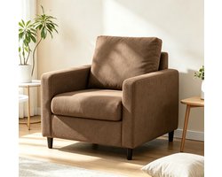 Compacte Chenille Accentstoel (33 inch) - Bruin - Ergonomische Leesstoel met Lendensteun - Hoogdicht Schuim en Pocketvering - Afneembare en Wasbare Hoes - Massief Houten Poten