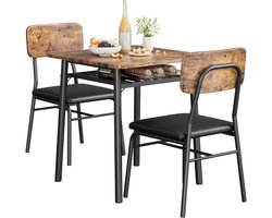 Compacte Eethoek voor 2 Personen - Eettafel met 2 Gestoffeerde Stoelen & Opbergrek - bruin- Ruimtebesparend - Complete Keukentafel Set