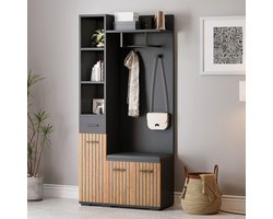 Compacte garderobekast met schoenbank 80x35x175 cm - 7-in-1 multifunctioneel - 2 kasten - 1 lade - 5 open vakken - verstelbare planken - 2 kledinghaken - zwart + houtkleur