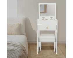 Compacte kaptafel met opvouwbare spiegel en kruk – Moderne kaptafel met lade en opbergruimte – Witte make-uptafel voor slaapkamers, vrouwen en meisjes – Ruimtebesparende cosmetische tafel met een stabiel ontwerp HomeByNicole