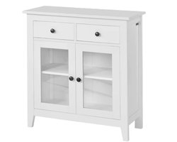 Compacte Vitrinekast Wit met 2 Laden en Glazen Deurtjes | Landelijk Opbergmeubel voor Keuken of Eetkamer | Servies en Glaswerk