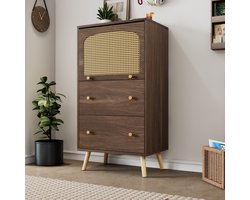 Compacte walnoten kast met rotan details, twee lades, schuifdeur en gouden poten - 60 x 40 x 113 cm - Stijlvol opbergmeubilair voor modern wonen