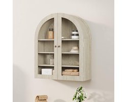 Compacte Wandkast met Boogdesign en Acryl Deuren - Hangende Opbergkast met 4 Niveaus - Voor Badkamer, Keuken & Toilet - Kleur hout