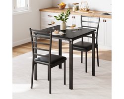 Compacte Zwarte Eettafel Set voor 2 Personen - Vierkante Keukentafel met 2 Gestoffeerde Stoelen - Ruimtebesparende 3-Delige Eethoek voor Kleine Ruimtes & Studio's