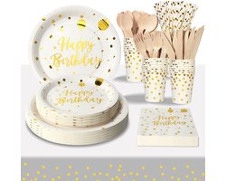 Compleet 193-delig Verjaardagsfeest Servies Witgoud voor 24 Personen - Inclusief Borden, Bestek en Servetten