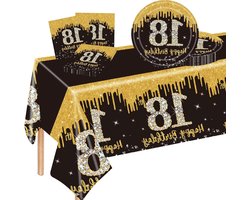 Compleet 37-delig zwart en goud tafelgerei voor 18e verjaardag, feestservies met papieren borden, servetten en tafelkleed voor een stijlvolle verjaardagspartij voor hem en haar