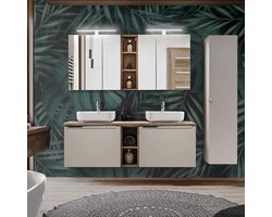 Compleet Badkamermeubel 140 cm Taupe met Dubbele Wastafel, Keramiek en LED Spiegelkasten