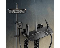 Compleet Douchesysteem - ABS Doucheset - Mat Zwarte Hoofddouche en Handdouche - Vierkante Regendouche voor Badkamer - Verstelbaar - Digitale Temperatuur Display