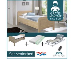 Compleet elektrische set ledikant seniorenbed 90x200 cm eiken + 42-lats Elektrisch Verstelbaar + Champ - 7 Zone Pocket 300 matras - 90x200 cm