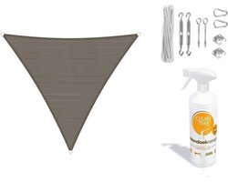 Compleet pakket: Sunfighters waterdicht driehoek 4x5x5.4m Taupe met RVS Bevestigingsset en buitendoekreiniger