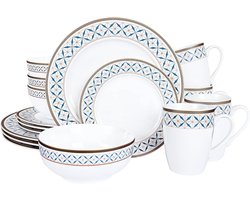 Compleet porseleinen tafelservies, 16-delig, voor 4 personen, modern geometrisch patroon, borden, schalen, kopjes, rand van zwart goud
