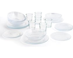 compleet servies voor 6 personen, 18-delig + 6 glazen glazen 26 cl, opaal, uniek, standaard