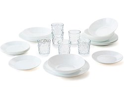 Compleet wit tafelservies voor 6 personen - 18-delige set - glazen van glas - 26 cl - uniek - 19-delig borden set 6 person
