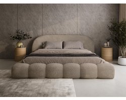 Compleo24 Bubble Gestoffeerd Bed met Afgerond Hoofdbord – Tweepersoonsbed in Bouclé 200x200 cm- Lichtbruin