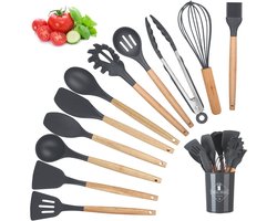 Complete 12-delige Kitchen Aid Keukengerei Set – Siliconen BPA-vrij, Houten Handgreep, Hittebestendig, Krasvrij – Inclusief Spatel, Lepel, Garde, Pastalepel en Opbergemmer