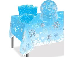 Complete 37-delige Frozen Feestservies Set voor 16 Gasten, Sneeuwvlok Papieren Borden, Servetten en Tafelkleed voor Feestdecoraties, Kerst en Winterverjaardagen