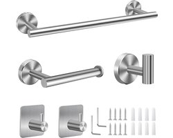 Complete Badkamer Accessoires Set 5 Delen - Handdoekhouder, WC Rolhouder & Haken - Roestvrij Staal Zilver