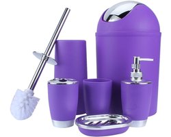Complete Badkamer- en Toileset van 6 Stukken met Beker, Tandenborstelhouder, Zeepdispenser, Handdesinfectie, Prullenbak en Toileborstel in Paars - Perfect voor een Stijlvolle Badkamerorganisatie