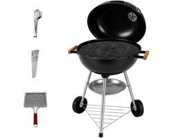 Complete BBQ Set 45 cm + Accessoires – Kogelbarbecue Zwart met Deksel, Thermometer, Tang, 6 Spiesen & Grill rooster