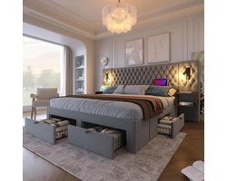 Complete Boxspring Bed Set 160x200 cm Grijs – Inclusief Nachtkastjes, Ladeopslag en USB Oplaadpunten