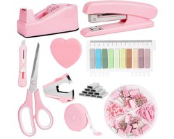 Complete Bureau Accessoires Set met Nietmachine, Schaar, Roller en Plaknotities - 10-delige Set in Roze voor Organisatie en Efficiëntie