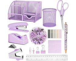 Complete bureauset met bureau-organizer, nietjesverwijderaar, tape-dispenser, schaar, clips, plaknotities en balpen - paars