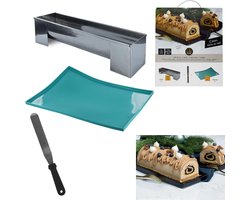 Complete Cakevorm Set met Spatel & Siliconen Bakmat – RVS Bakvorm voor Bûche de Noël, Cakerollen & Dessertcreaties – Anti-aanbak – Zilver
