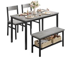 Complete Eethoek Set voor 4 Personen - Eettafel met 2 Stoelen en Eetkamerbankje met Opbergruimte - Industrieel Design - Ruimtebesparend - Hout & Metaal - Grijs