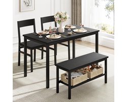 Complete Eethoek Set voor 4 Personen - Eettafel met 2 Stoelen en Eetkamerbankje met Opbergruimte - Industrieel Design - Ruimtebesparend - Hout & Metaal - Zwart