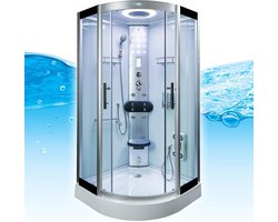 Complete Gesloten Douchecabine 100X100X215 Enla. MENGKRAAN. Luxe, Kit-Vrij, Wit, Veiligheidsglas, LED, Radio, Speakers, Zitje, Massage, Hoekmodel, Kwartrond, Schuifdeuren, Douchebak, Afvoer, Sifon, Verschillende, Full Options. Royal Sanitair