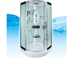 Complete Gesloten Douchecabine 100X100X215 Palma. MENGKRAAN. Luxe, Kit-Vrij, Wit, Veiligheidsglas, LED, Radio, Speakers, Zitje, Massage, Hoekmodel, Kwartrond, Schuifdeuren, Douchebak, Afvoer, Sifon, A Kwaliteit, Full Options. Royal Sanitair