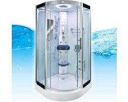 Complete Gesloten Douchecabine 100X100X215 Palma. THERMOSTAATKRAAN. Luxe, Kit-Vrij, Wit, Veiligheidsglas, LED, Radio, Speakers, Zitje, Massage, Hoekmodel, Kwartrond, Schuifdeuren, Douchebak, Afvoer, Sifon, A Kwaliteit, Full Options. Royal Sanitair
