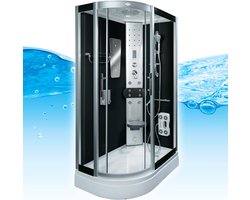 Complete Gesloten Douchecabine 120X80X215 Fiona LINKS. THERMOSTAATKRAAN. Luxe, Kit-Vrij, Zwarte, Veiligheidsglas, LED, Radio, Speakers, Zitje, Massage, Hoekmodel, Kwartrond, Schuifdeuren, Douchebak, Afvoer, Sifon, Full Options. Royal Sanitair