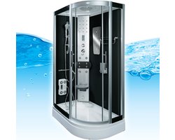 Complete Gesloten Douchecabine 120X80X215 Fiona RECHTS. MENGKRAAN. Luxe, Kit-Vrij, Zwarte, Veiligheidsglas, LED, Radio, Speakers, Zitje, Massage, Hoekmodel, Kwartrond, Schuifdeuren, Douchebak, Afvoer, Sifon, Full Options. Royal Sanitair