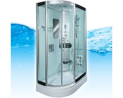 Complete Gesloten Douchecabine 120X80X215 Palma LINKS. MENGKRAAN. Luxe, Kit-Vrij, Wit, Veiligheidsglas, LED, Radio, Speakers, Zitje, Massage, Hoekmodel, Kwartrond, Schuifdeuren, Douchebak, Afvoer, Sifon, Verschillende, Full Options. Royal Sanitair