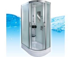 Complete Gesloten Douchecabine 120X80X215 Palma RECHTS. MENGKRAAN. MAT GLAS. Luxe, Kit-Vrij, Wit, Veiligheidsglas, LED, Radio, Speakers, Zitje, Massage, Hoekmodel, Kwartrond, Schuifdeuren, Douchebak, Afvoer, Sifon, Full Options. Royal Sanitair