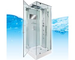 Complete Gesloten Douchecabine 90X90X215 Bargo. THERMOSTAATKRAAN. Luxe, Kit-Vrij, Wit, Veiligheidsglas, LED, Radio, Speakers, Massage, Hoekmodel, Vierkant, Scharnierdeur, Douchebak, Afvoer, Sifon, Verschillende Modellen, Full Options. Royal Sanitair