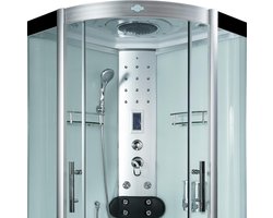 Complete Gesloten Douchecabine 90X90X215 Enla. MENGKRAAN. Luxe, Kit-Vrij, Wit, Veiligheidsglas, LED, Radio, Speakers, Zitje, Massage, Hoekmodel, Kwartrond, Schuifdeuren, Douchebak, Afvoer, Sifon, Verschillende, Full Options. Royal Sanitair