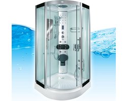 Complete Gesloten Douchecabine 90X90X215 Palma. MENGKRAAN. Luxe, Kit-Vrij, Wit, Veiligheidsglas, LED, Radio, Speakers, Zitje, Massage, Hoekmodel, Kwartrond, Schuifdeuren, Douchebak, Afvoer, Sifon, A Kwaliteit, Full Options. Royal Sanitair