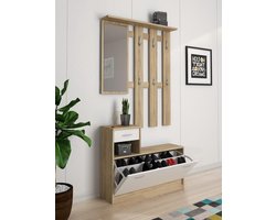 Complete Hall Meubelset met Spiegel, Kapstok en Schoenenkast - Wit/Eiken