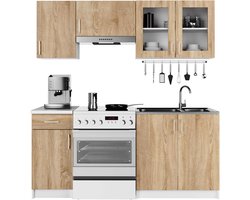 Complete Keuken, Keukenmeubelset met Verkblad LIMA 180 cm breed met Vitrinekast / Keukeneenheid zonder apparatuur / Wit – Sonoma Eik / 180 x 203 x 44,5 cm